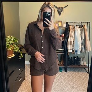 Brown white fox boutique set button up and shorts